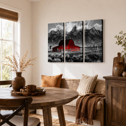 Grand Teton Pictures Wyoming Landscape Paintings Black and White Moulton Barn Wall Art National Park Canvas Artwork for Living Room Farmhouse Decor FRAMED 16''X32''X3Pcs