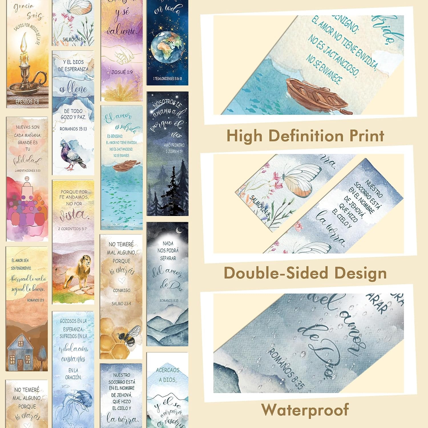 96 Pcs Spanish Bible Verse Christian Bookmarks, Watercolor Paper Book Marks with Inspirational Scriptures, Religious Page Markers for Reading Women Kids Bible Study Church School Office Supplies