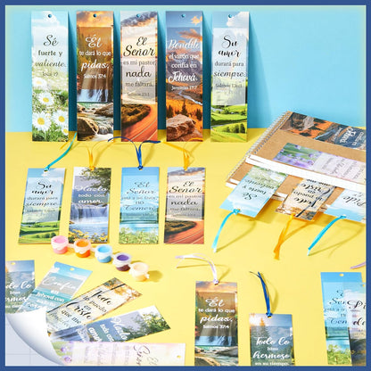 120 Pcs Spanish Bible Verse Bookmarks Christian Separadores De Biblia En Español Landscape Spanish Religious Inspirational Bookmarks with Rope for Book Lover Church Prayer Religious Gift