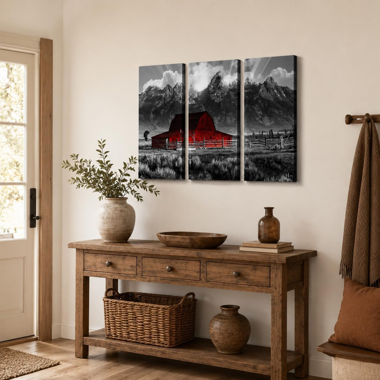 Grand Teton Pictures Wyoming Landscape Paintings Black and White Moulton Barn Wall Art National Park Canvas Artwork for Living Room Farmhouse Decor FRAMED 16''X32''X3Pcs