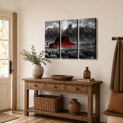 Grand Teton Pictures Wyoming Landscape Paintings Black and White Moulton Barn Wall Art National Park Canvas Artwork for Living Room Farmhouse Decor FRAMED 16''X32''X3Pcs