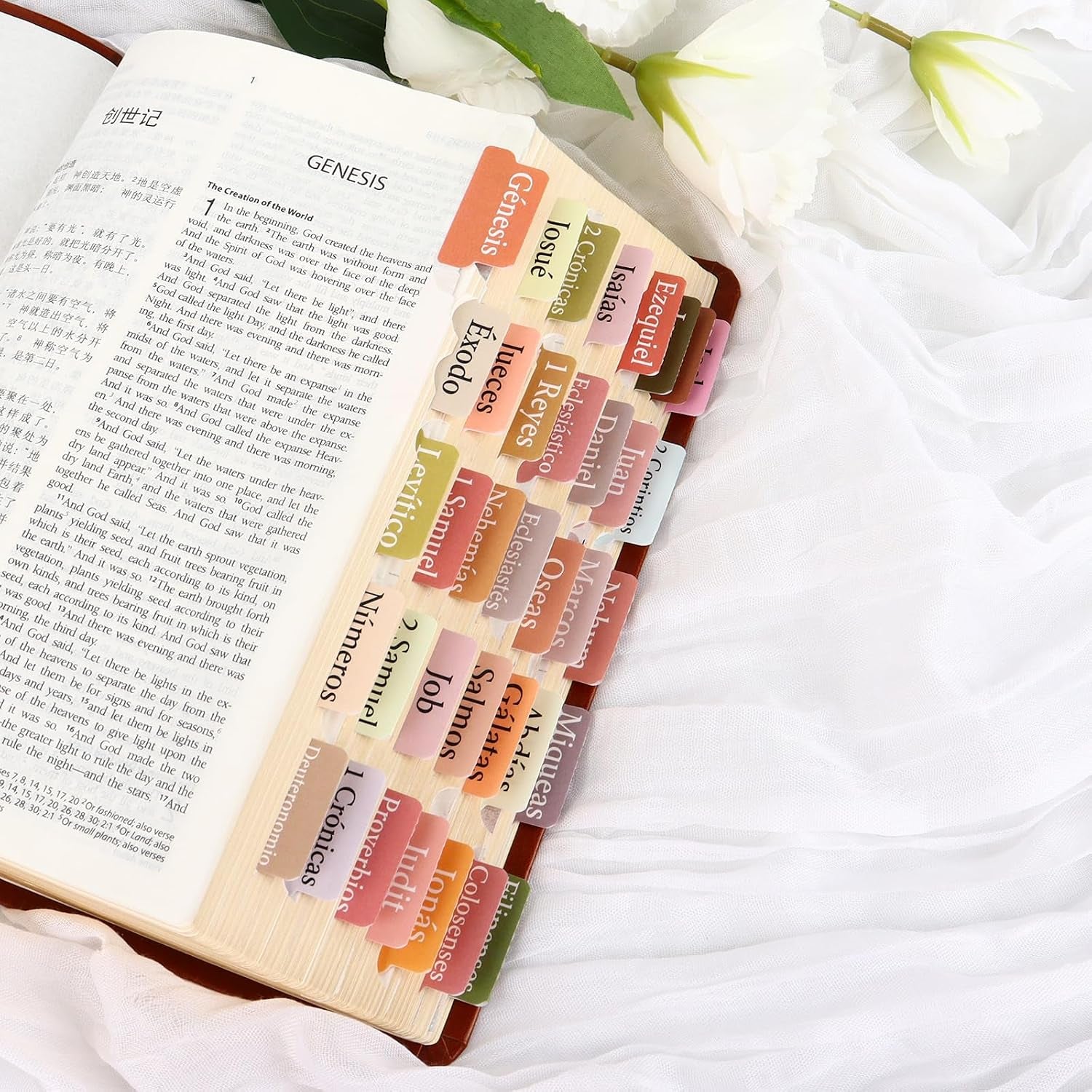 90Pcs Spanish Bible Tabs for Women, Bohemian Laminated Index Tabs for Bible | Spanish Ed., 66 Books + 24 Blank, for NIV/KJV/ESV, Water & Stain Resistant, Dual-Sided & Quick-Find, Placement Guide Included