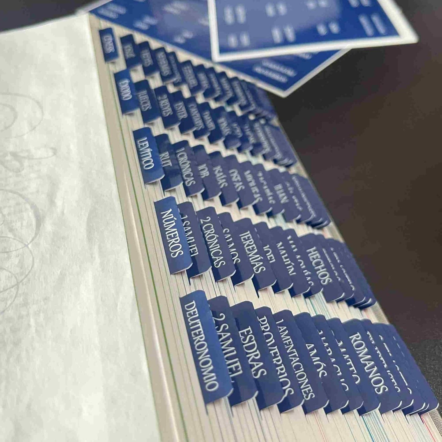 Spanish Laminated Bible Tabs, Pestañas Para Biblia En Español, Reposition Large Print Stickers, Easy to Read and Apply Bible Tabs for Women and Man (Spanish Blue)