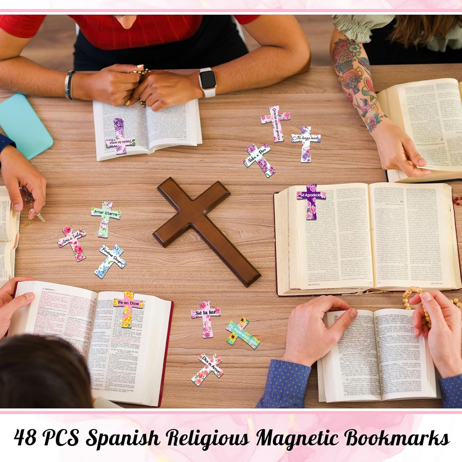 48 Pcs Spanish Magnetic Cross Bookmarks Bible Verse Christian | Floral Cross Design with Scripture, Church Study Devotion Gift, Bulk Set for Women Mothers, Bible Page Markers