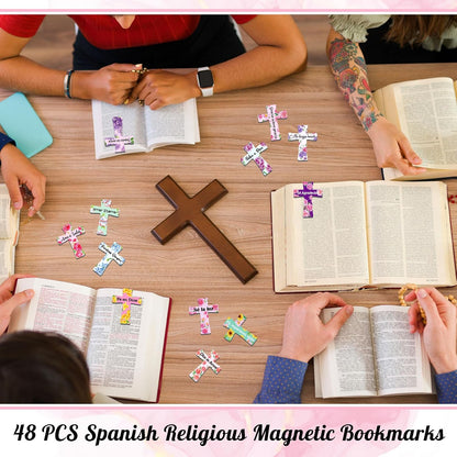 48 Pcs Spanish Magnetic Cross Bookmarks Bible Verse Christian | Floral Cross Design with Scripture, Church Study Devotion Gift, Bulk Set for Women Mothers, Bible Page Markers