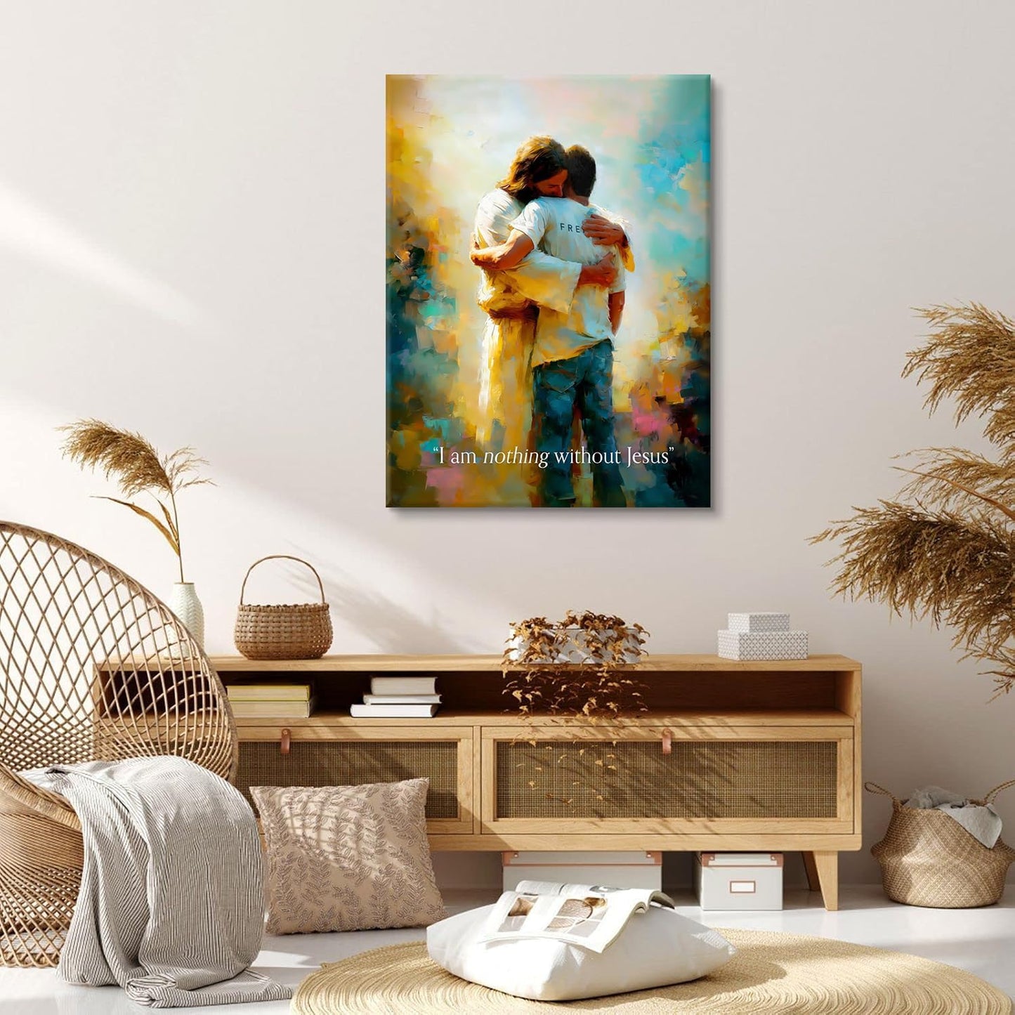 Jesus Hugging Man Wall Art God and Men Wall Decor I Am Nothing without Jesus Canvas Pictures Modern Christian Healing Embrace Mormon Prints Posters for Living Room Bedroom Church Decor 8X10In Canvas